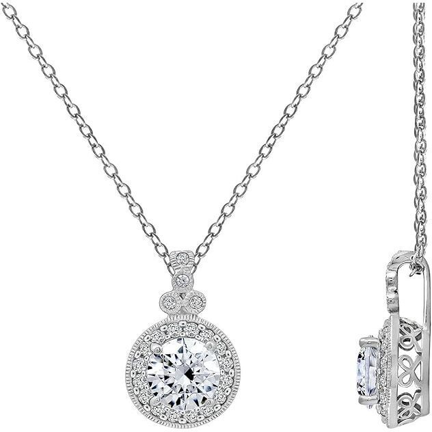 Platinum Plated Sterling Silver Antique Pendant Necklace Set With Round Cut